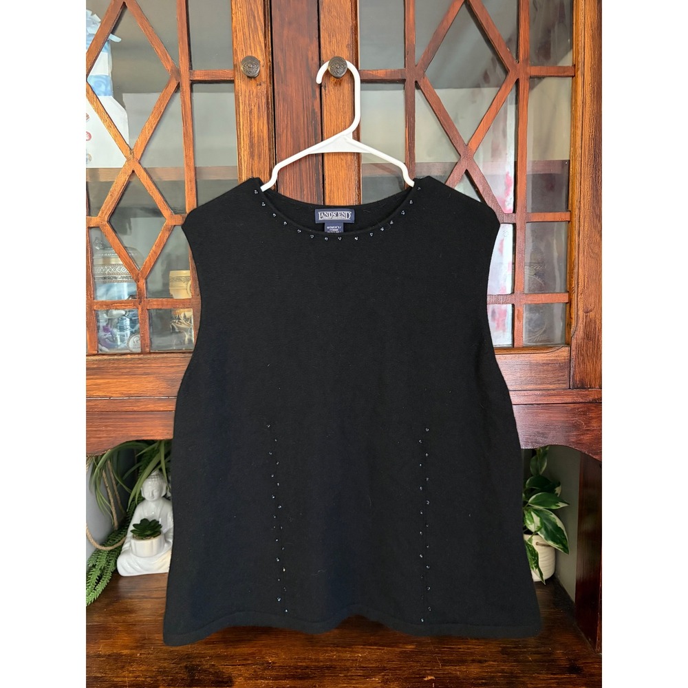 Lands End Womens XL Black 100% Cashmere Beaded Sleeveless‎ Shell Sweater Vest
